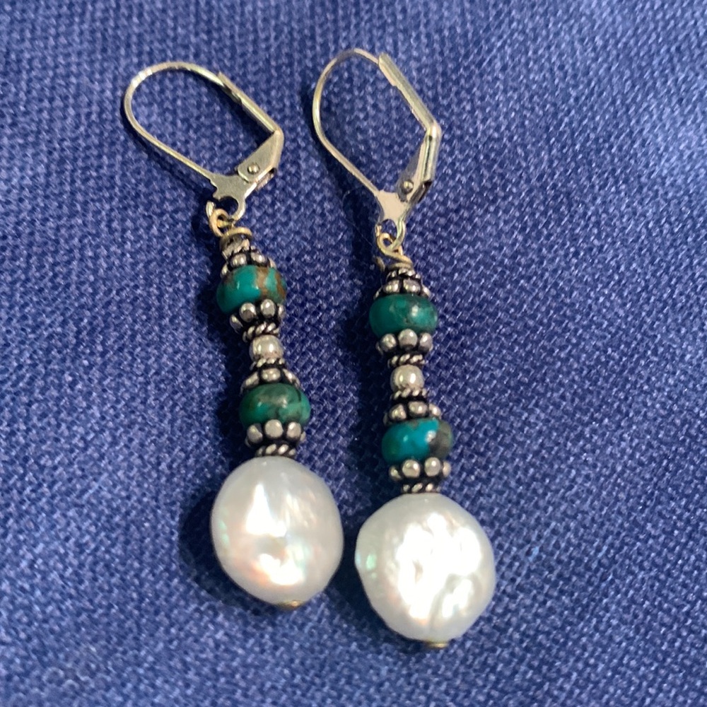 Sterling turquoise and fresh water Pearl drop earrings!